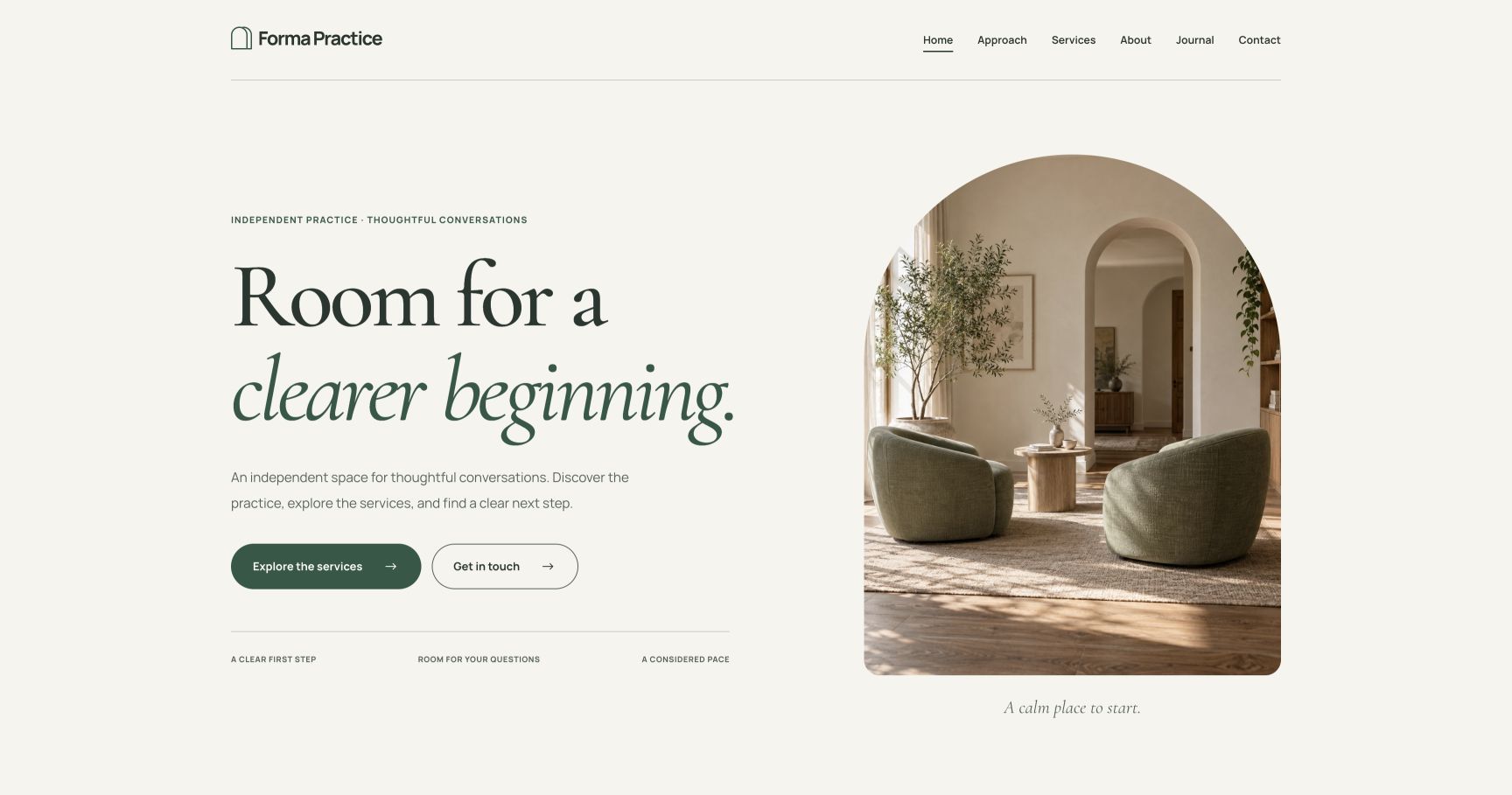 Forma Practice homepage with serif headings and an arched room photograph