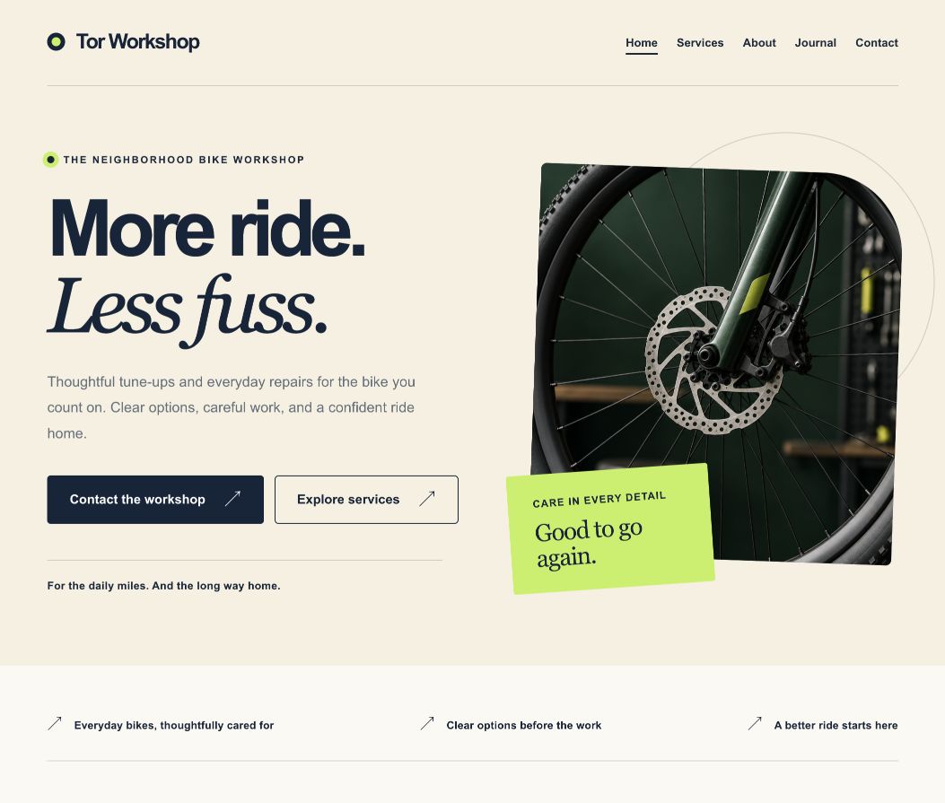 Tor Workshop homepage with navy and lime colors